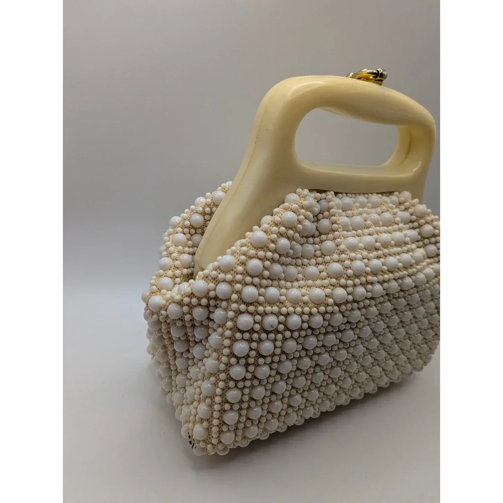 Vintage Handmade Beaded Handbag White Pearl Lucite Handle Kiss Lock Hong Kong